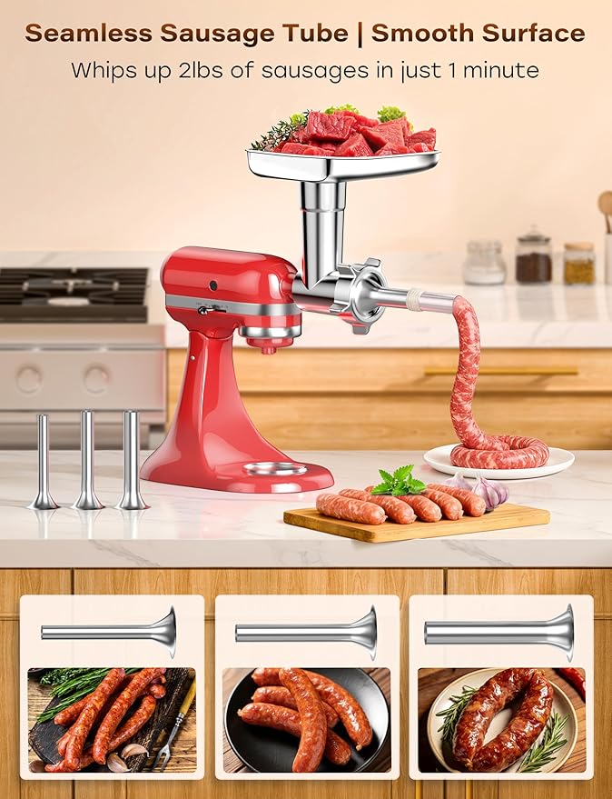 100% Polished Stainless Steel Meat Grinder Attachment for KitchenAid Mixer, Dishwasher Safe Food Grinder Attachment Anti-Corrosion, 18-Piece Set Includes 3 Seamless Sausage Stuffers, 4 Grinding Plates