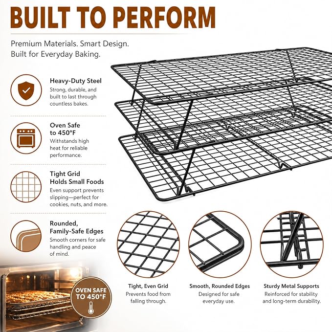 Cooling Rack 16"x10", 3-Tier Stackable & Collapsible Cooling Racks | Cooling Racks for Cooking and Baking, Roasting, Grilling, Oven & Dishwasher Safe (Black, 3-Tier-SL)
