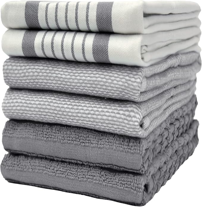 Premium Kitchen Towels 6 Pack 100% Cotton 20"x28" Dish Towels Grey Striped | Large Flat & Terry Kitchen Linen Set with Hanging Loops, Highly Absorbent for Washing and Drying Dishes