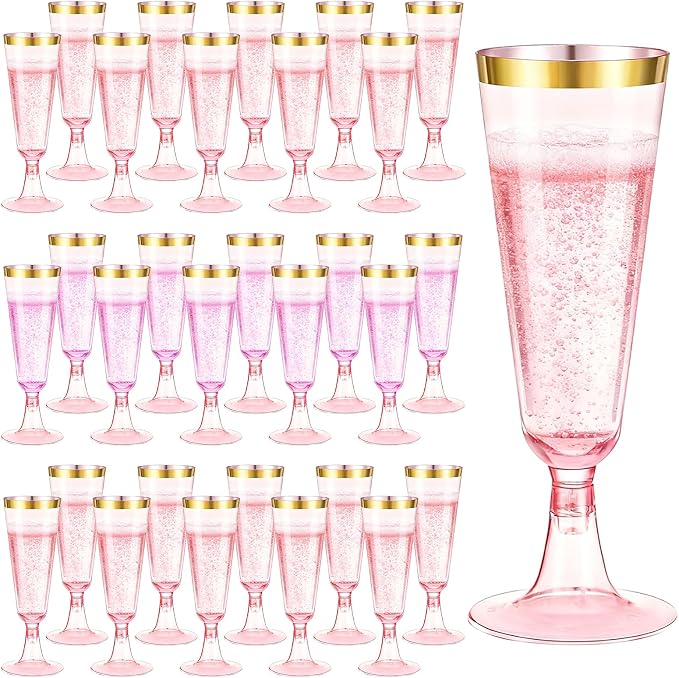 200 Pack Pink Plastic Champagne Flutes with Gold Rim, 5.5 Oz Clear Disposable Plastic Champagne Glasses, Wine Glasses Cups for Wedding Celebration Birthday Party Wine Tasting New Years Eve Supplies