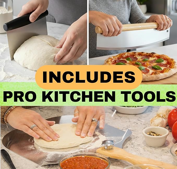 Round Pizza Stone for Oven 16 inch - Large Pizza Stone with Handles, Metal Pizza Peel, Pizza Cutter and Dough Tool - Baking Stone for Oven Bread - Thick Durable Cordierite Baking Stones