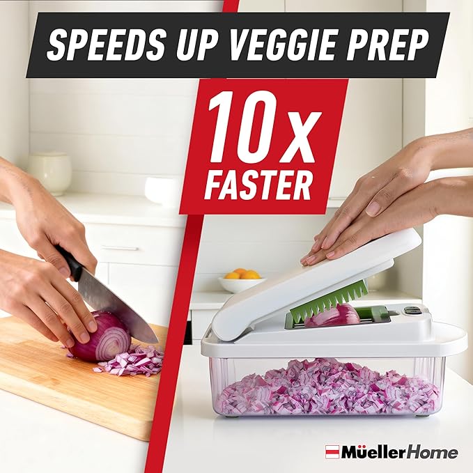MUELLER HOME Pro-Series 10-in-1 Vegetable Chopper, 8 Blade Onion Mincer | Cutter, Dicer, Fruit Slicer with Container, French Fry Cutter Potato Slicer, Home Essentials, Salad Chopper White Sand/Green