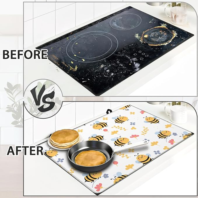 Cute Honey Bees Stove Top Cover for Electric Stove,Heat Resistant Glass Cooktop Cover,Multipurpose Stove/Counter/Washer Top Protector,Dishwasher Safe Rubber (28x 20)