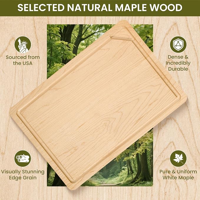 USA-Sourced Maple Wood Cutting Board for Kitchen (12”x8”x0.8”) Pre-Oiled Wooden Chopping Board, Maple Wood Grain Reversible Butcher Block with Juice Groove & Handlers