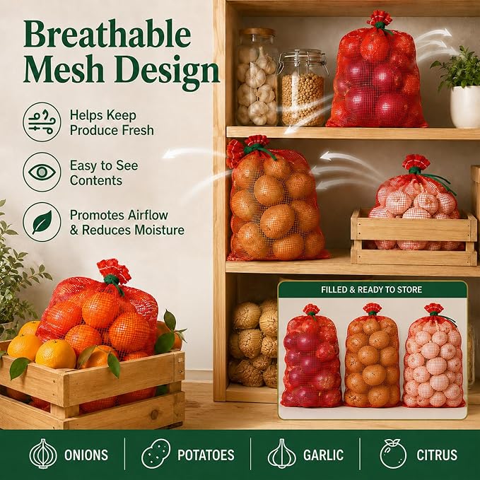 Sukh 7 PCS Large Mesh Onion Bags - 60 lb Capacity Mesh Storage Produce Bags | Hanging Reusable Breathable Vegetable Net Sacks with Drawstring for Onions, Potatoes, Citrus and Crawfish, 20 x 32 Inch, Red