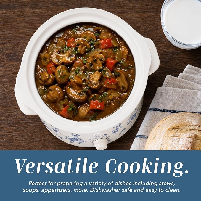 COOK WITH COLOR 2QT Mini Electric Round Slow Cooker - Adjustable Settings, Removable Stoneware Pot, Tempered Glass Lid, Dishwasher Safe, Cool-Touch Side Handles, Floral Blue