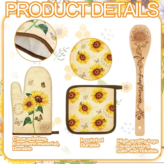 Bencailor 13 Pcs Sunflower Kitchen Set Retro Yellow Farmhouse Kitchen Decor Rustic Sunflower Dish Towels Retro Yellow Apron Oven Mitts and Pot Holders with Cute Wooden Tableware Set for Home