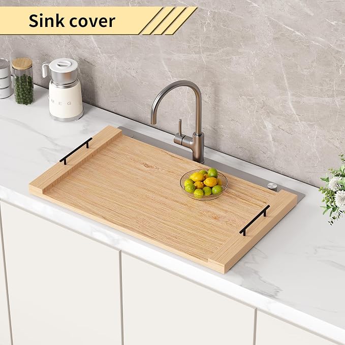 Oak-colored Wood Noodle Board Stove Cover with Handles - 30x22 inch Stove Top Cover for Gas Burners, Decorative Wooden Stove Topper for Electric Range, Extra Counter Space for Farmhouse Kitchen