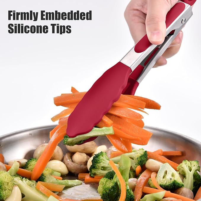Doosu Kitchen Tongs with Silicone Tips for Cooking Serving (7in, Red) | 600°F Heat Resistant Food Tong, Heavy Duty Stainless Steel Locking Tong for BBQ, Grilling Steak, Salad, Toast, Pasta