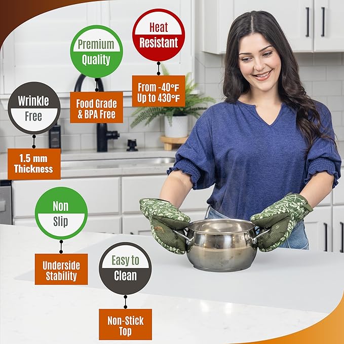 Silicone Mat for Kitchen Counter with "Edge Protection" – Quartz Countertop Protector Mats – Silicone Heat Resistant Mat – No Folds or Wrinkles – 1.5mm Thick, 24"x16", Translucent