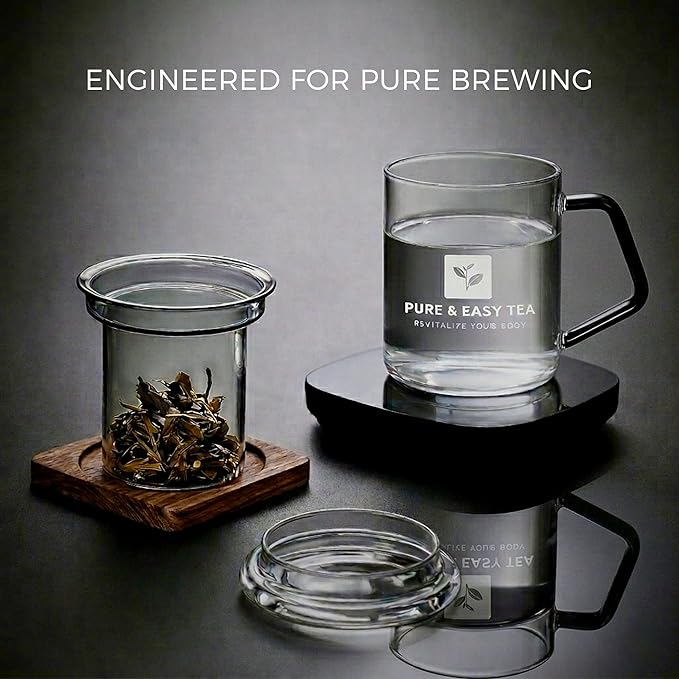 Pure And Easy Tea, Glass Tea Infuser Mug with Lid - Plastic-Free Borosilicate Steeping Cup for Loose Leaf Tea and Tisanes, 400 mL/13.5 oz