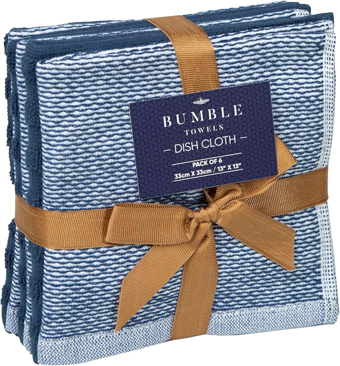 Bumble Premium Dish Cloths 13"x13" (6 Pack) | 100% Natural Ring Spun Cotton | 400 GSM | Highly Absorbent & Soft |Yarn Dyed & Solid Dyed Terry Dish Cloth Set - Blue