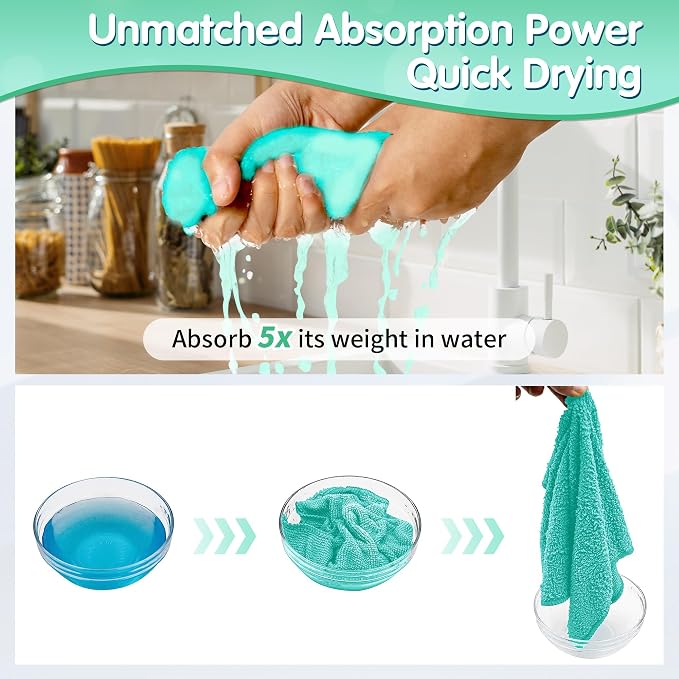 Turquoise Microfiber Cleaning Cloth -Pack of 12, Highly Absorbent Cleaning Rags, 16"X12" All Purpose Cleaning Towels for Housekeeping, Kitchen, Car, Lint Free and Reusable Microfiber Towels