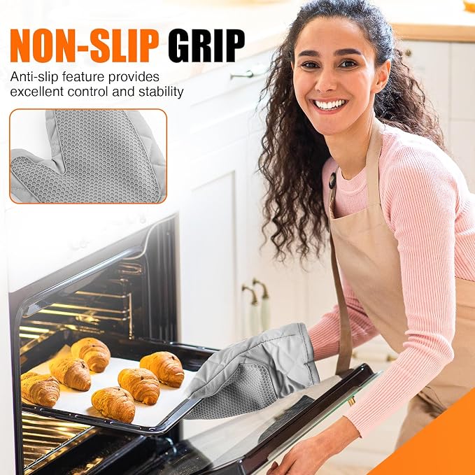 Silicone Oven Mitts, Heat Resistant 2PCS Oven Mitts with Soft Cotton Lining, Waterproof Non-Slip Grip Oven Glove, Kitchen Potholder Mits for BBQ, Baking, Cooking, 10.5Inch - Dark Grey