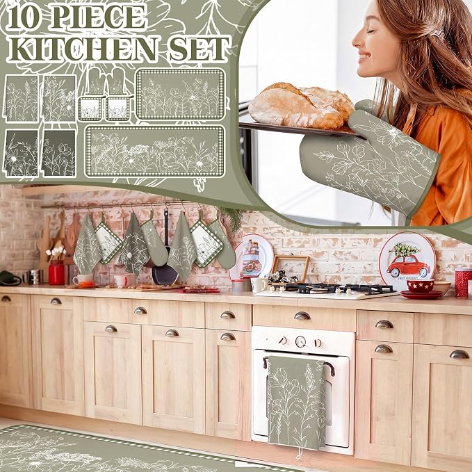 Fourluoo 10 Pcs Flower Line Drawing Kitchen Decor Set Dish Towels Kitchen Rugs Oven Mitts and Pot Holders Set for Cooking Baking Grilling Women Mom Daughter Gift