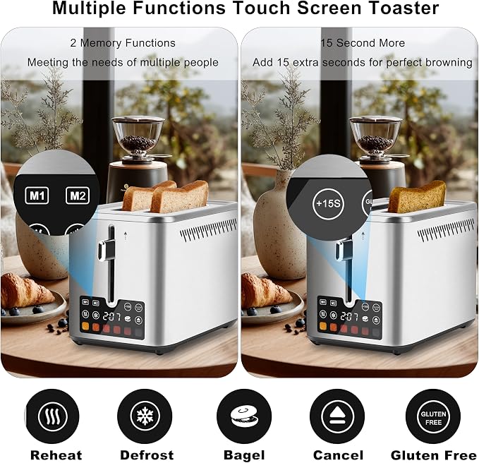 Touch Screen Toaster 2 Slice, Bagel Toaster with LCD Display, Stainless Steel Smart Digital Toasters with +15s Boost,Dual Memory Functions,Toasters with 6 Shade Settings & Extra-Wide Slots,900W