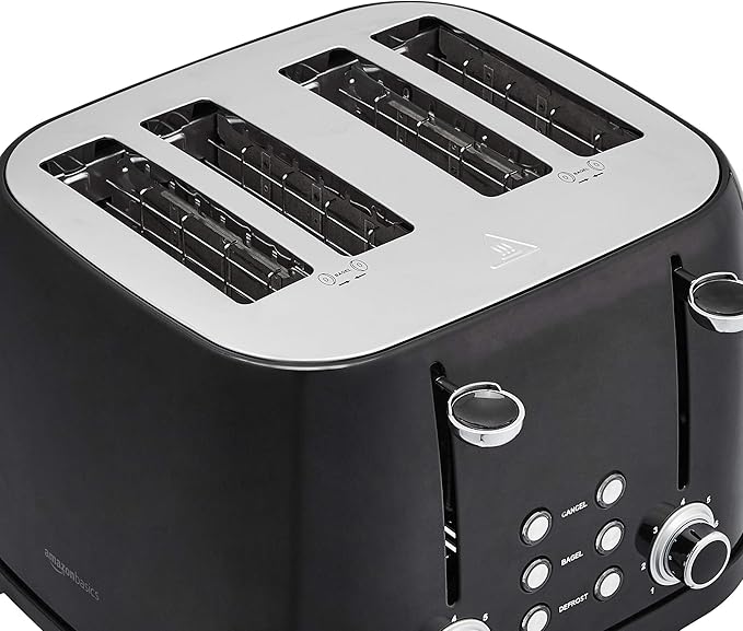 Amazon Basics 4 Slice Toaster with 4 Slots, 6 Browning Settings, Defrost, Removable Crumb Tray, Bagel Function, Cancel Button, 1600W, Black