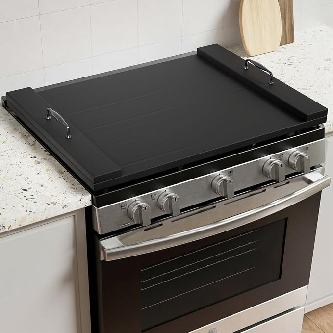 Bluewest Gas Stove Burner Covers, Wooden Noodle Board with Handle, Black | Extra-thick wooden RV stovetop and sink cover doubles as a tray, creating extra kitchen counter space for prep and serving.