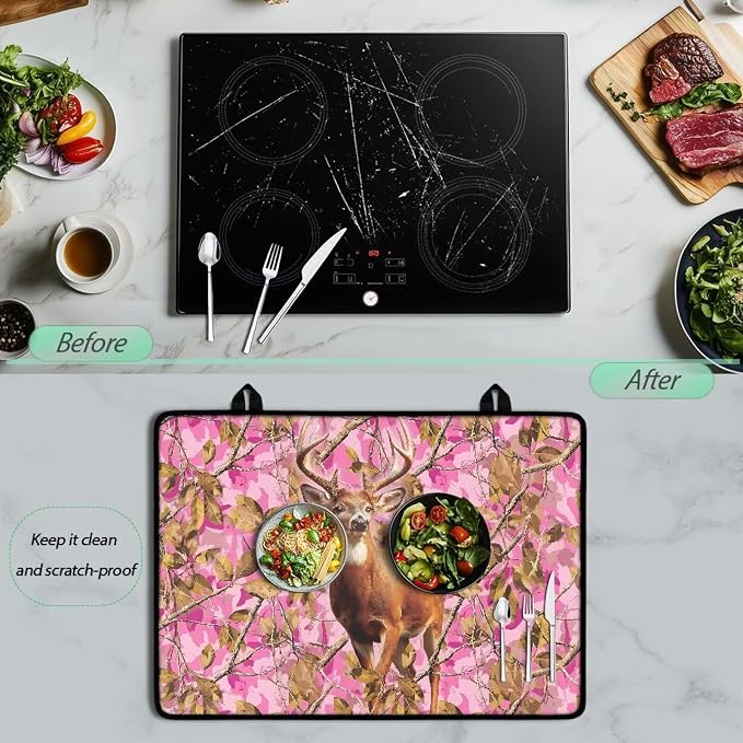 Deer Branch Electric Stove Top Cover Heat Resistant Range Covers for Electric Stove Folding Dish Drying Mat Extra Large Glass Cooktop Covers Printed Flat RV Range Top Mats
