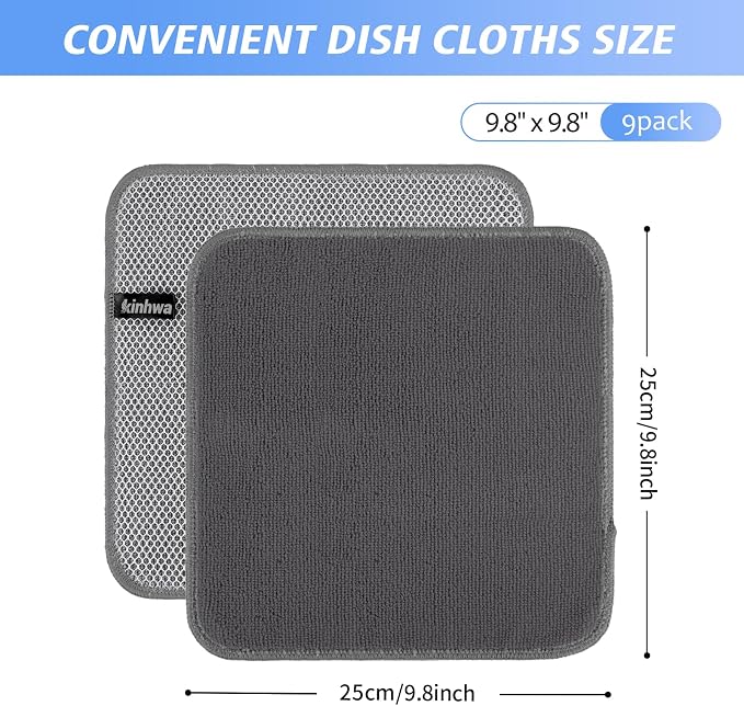 Kitchen Dish Washcloths Microfiber Gray with Poly Scour Scrub Side | Absorbent dish cloths for washing dishes with scrubber side Quick dry kitchen wash cloths and dish rags 9 Pack 10 Inch Gray