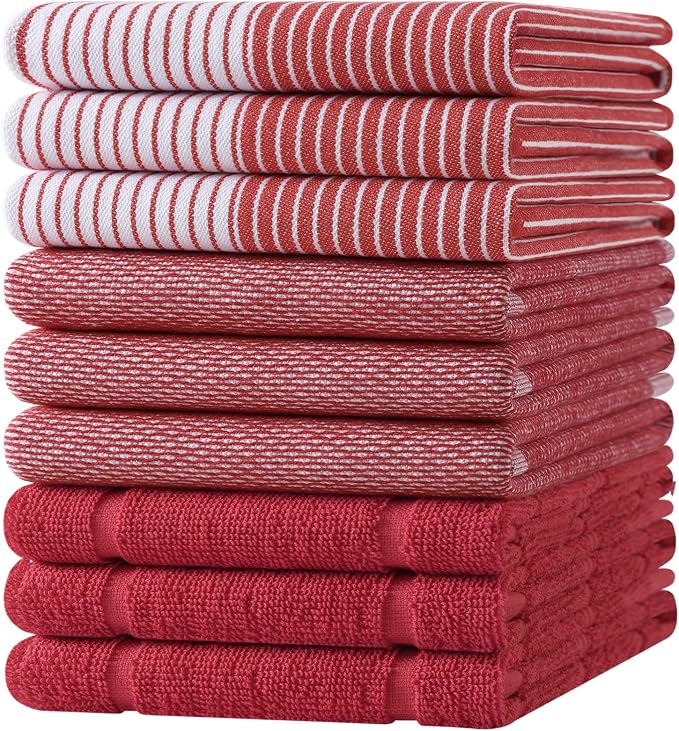 Homaxy 9 Pack Cotton Terry Premium Kitchen Towels, 18 x 28 in, Red | Large 380 GSM Dish Towels, Highly Absorben Flat & Terry Kitchen Hand Towels, Soft Utility Tea Towel Set with Hanging Loop
