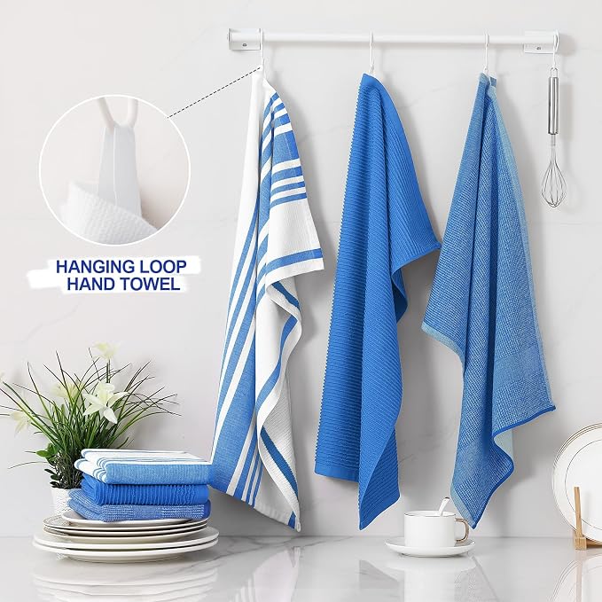 Homaxy Cotton 380 GSM Premium Kitchen Towels, 18"x 28", 6 Pack, Blueberry | Soft and Absorbent Terry Dish Towels, Multipurpose Tea Towel Set with Hanging Loop, 3 Styles Kitchen Hand Towels