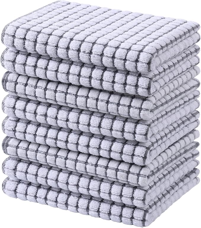 Mordimy Premium Cotton Kitchen Towels 16"x 25", Grey Check Design, 8 Pack | Super Absorbent Terry Kitchen Hand Towels, Large Natural Ring Spun 360 GSM Dish Towels, Soft Tea Towels with Hanging Loop