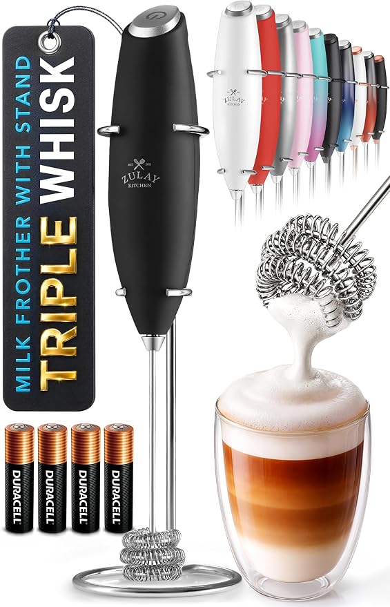 Zulay Kitchen Powerful Milk Frother Wand With Duracell Batteries - Ultra Fast Handheld Drink Mixer - Electric Whisk Foam Maker for Coffee, Lattes, Cappuccino & Matcha - Triple Whisk - Black