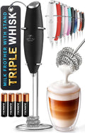 Zulay Kitchen Powerful Milk Frother Wand With Duracell Batteries - Ultra Fast Handheld Drink Mixer - Electric Whisk Foam Maker for Coffee, Lattes, Cappuccino & Matcha - Triple Whisk - Black