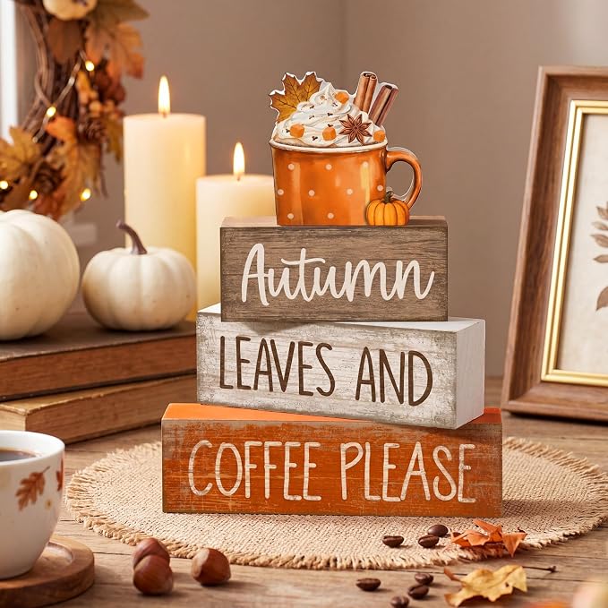 Lineshading 4 Pcs Fall Coffee Wooden Block Signs Tiered Tray Decor Autumn | Rustic Tabletop Decor for Kitchen Coffee Corner, Stackable Wooden Blocks with Autumn Leaves, Farmhouse Style Home Accent Gift