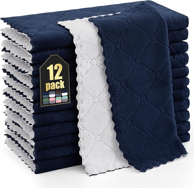 Homaxy 12 Pack Super Soft Dish Cloths, 10" x 10", Navy Blue & White | Coral Velvet, Nonstick Oil Fast Drying Microfiber Cleaning Cloth, No Lint Household Dishcloths