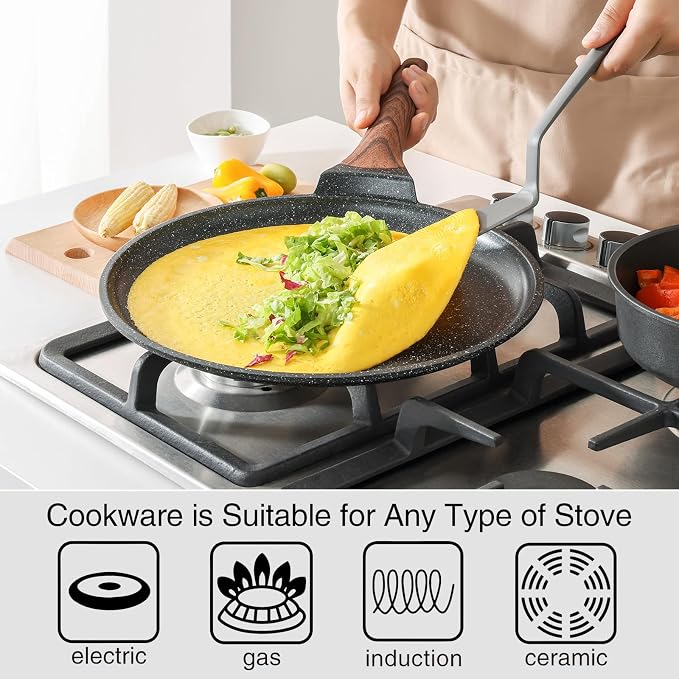 Kordisen Crepe Pan Nonstick, 10 Inch Dosa Pan with Spreader, Granite Coating Comales Para Tortillas Pancake Pan, Flat Bottom for Stove Top, Induction Compatible, PFOA Free