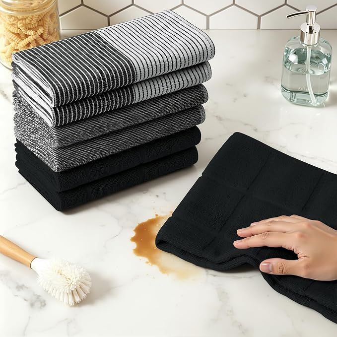 Homaxy 6 Pack Cotton Terry Premium Kitchen Towels, 18 x 28 in, Black | Large 380 GSM Dish Towels, Highly Absorben Flat & Terry Kitchen Hand Towels, Soft Utility Tea Towel Set with Hanging Loop