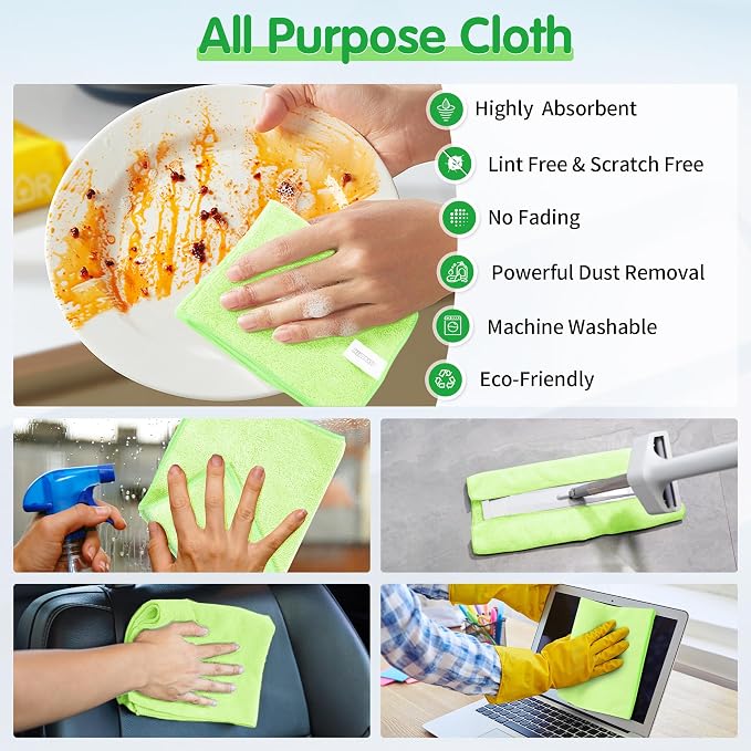 Sage Green Microfiber Cleaning Cloth -Pack of 8, Highly Absorbent Cleaning Rags, 16"X12" All Purpose Cleaning Towels for Housekeeping, Kitchen, Car, Lint Free and Reusable Microfiber Towels