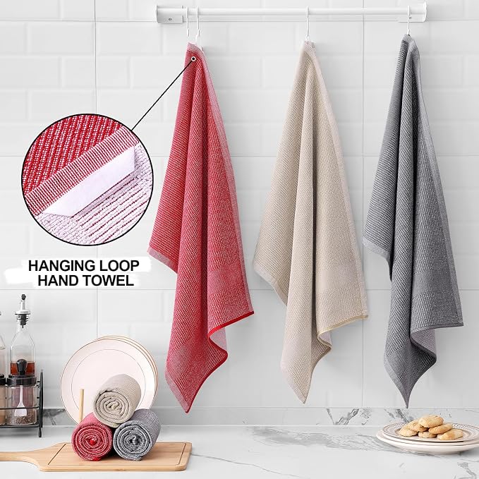 Homaxy 380 GSM Cotton Premium Kitchen Towels 6 Pack, 18"x 28", Mix | Flat and Terry Dish Towels, Highly Absorbent Tea Towel Set with Hanging Loop, Soft Kitchen Hand Towels, Red/Grey/Khaki