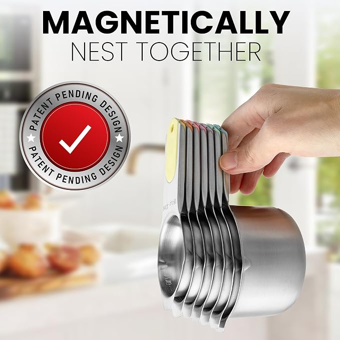 Spring Chef Magnetic Stainless Steel Measuring Cups Set of 7, Pastel | Patented Metal Measuring Cups for Measuring Dry or Liquid Ingredients, Easy to Read Markings, Dishwasher Safe Magnetic Cups