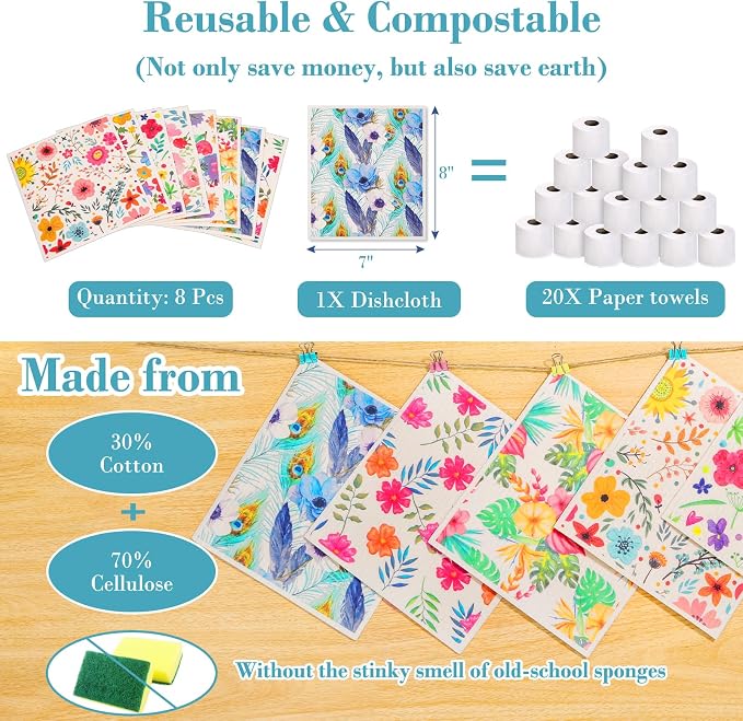Lucomb Sedish Dishcloth (8 Pack-Colorful Florals)