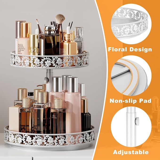 2 Tier Lazy Susan Organizer Turntable, 12 Inch, White | Adjustable, Easy Assembly & Cleaning, Two Tier Rotating Lazy Susan Spice Rack, For Cabinet Dining Table Kitchen Countertop