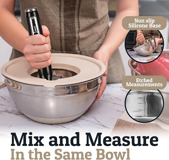 6Pc Stainless Steel Mixing Bowls with Lids Set, Huge 7 Qrt Size Metal Bowl Set for Kitchen, 3 Graters, Non-Slip Bases & Silicone Utensils Set, Khaki