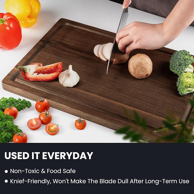 Walnut Wood Cutting Board for Kitchen with Deep Juice Groove & Side Handles, 15”L x 10”W x 0.8”H, Handcrafted North American Black Walnut Wood Grain, Small Chopping Board, Reversible Butcher Block