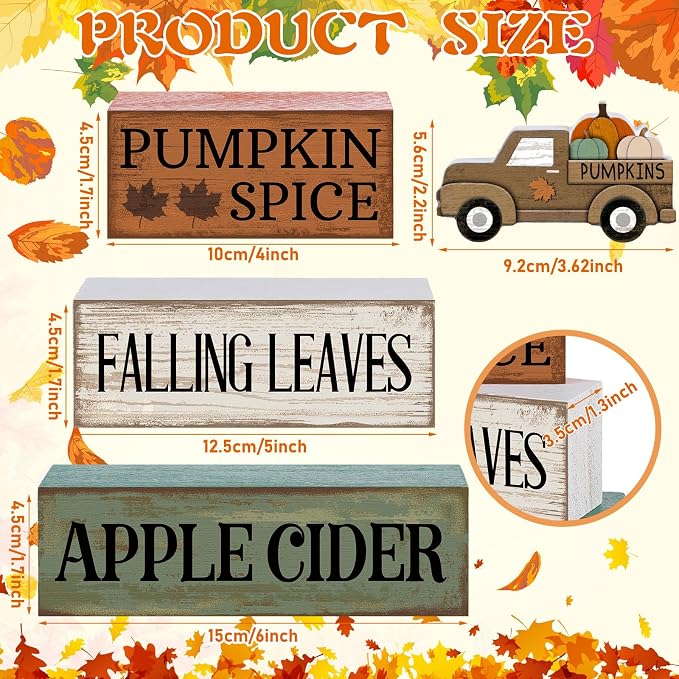 Lineshading 4 Pcs Fall Table Decoration for Home Fall Truck Decor | Rustic Pumpkin Truck Topper, Pumpkin Spice Falling Leaves Apple Cider Theme, Tabletop Shelf for Autumn Home Accent
