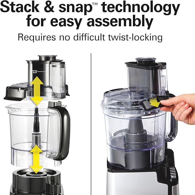 Hamilton Beach 12 Cup Stack & Snap Food Processor and Vegetable Chopper | BPA Free | Stainless Steel Blades | 2-Speed 450 Watt Motor |Easy Stacking Assembly | Black | 70725A