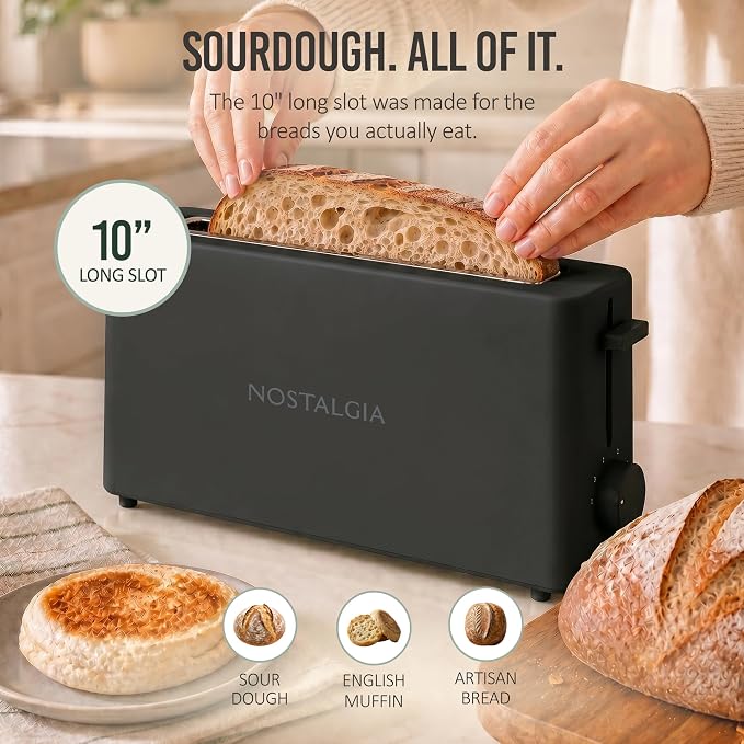 Nostalgia Slim 2-Slice Toaster – Wide Slot – Space-Saving Design – Adjustable Browning Dial – 10-inch Long Slot Fits 2 Slices of Bread or Bagel Halves – Drop-down Crumb Tray – Blackberry
