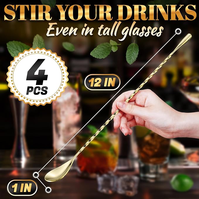 Gold Bar Spoon Set of 4, 12 Inch, Stainless Steel, Spiral-Pattern Stem | Gold Coffee Spoons; Rust-Resistant, Dishwasher Safe; for Cocktails, Smoothies, Iced Coffee, and Floats; Sugar Spoon