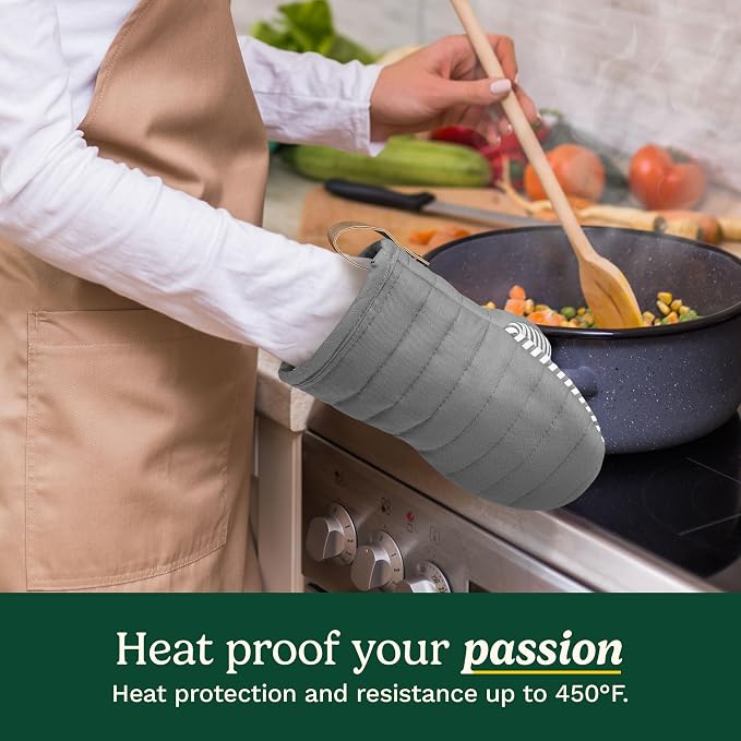 Cuisinart Mini Oven Mitts, 2-Pack 5.5"x8", Printed Silicone, 450F | Non-slip grip stripes, faux leather hang loop, cotton lining for comfort, ambidextrous for baking, cooking, and cast iron