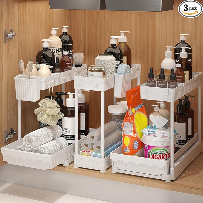 3-Pack 2-Tier L-Shaped Under Sink Organizers with Sliding Drawers | Multi-use kitchen & bathroom storage, 12.85 inch white cabinet organizer, space-saving sliding drawer design.