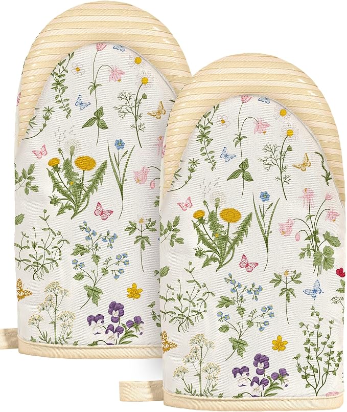 Slohif Mini Oven Mitts Set – Extended Short Heat Resistant Kitchen Gloves for Women, 100% Cotton Oven Mitts with Silicone Grips, Non-Slip and Thick Durable for Cooking & Baking，White