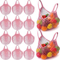 Eccliy 12 Pcs Reusable Mesh Grocery Bags Portable Cotton Produce Containers Washable Net Mesh Tote Bag Handle String Shopping(Pink)