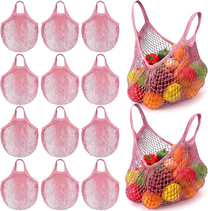 Eccliy 12 Pcs Reusable Mesh Grocery Bags Portable Cotton Produce Containers Washable Net Mesh Tote Bag Handle String Shopping(Pink)