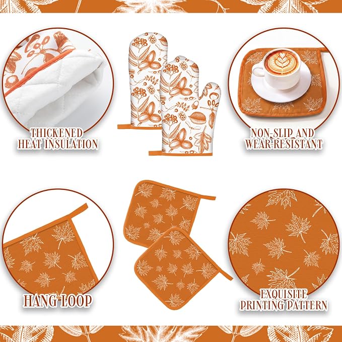 Fourluoo 10 Pcs Kitchen Dish Towels Rugs Oven Mitts and Pot Holders Set Farmhouse Kitchen Decor Set for Women Mom Daughter Gift Cooking Baking Grilling(Orange and White,Fall Leaf)